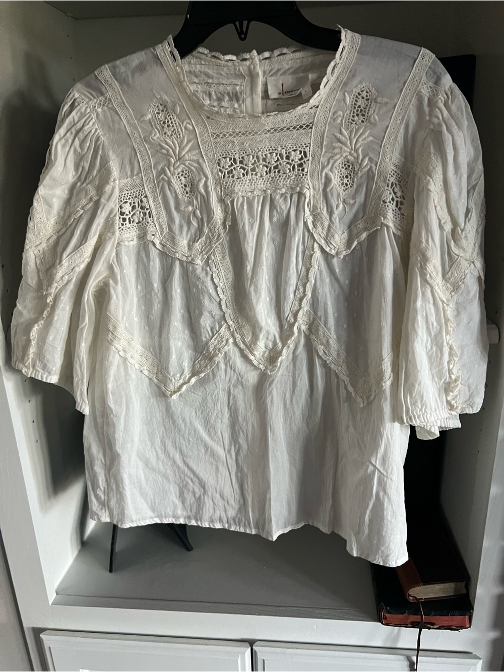 Anthropologie Blouse Top Lace White Cotton Embellished Women Large